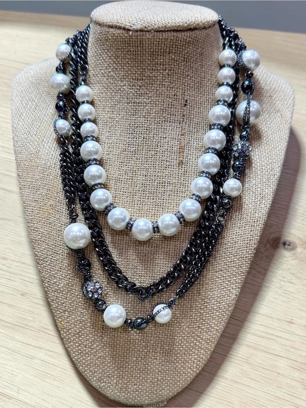 White House Black Market Pearl & Gunmetal Multi-Strand Necklace & Rhinestones